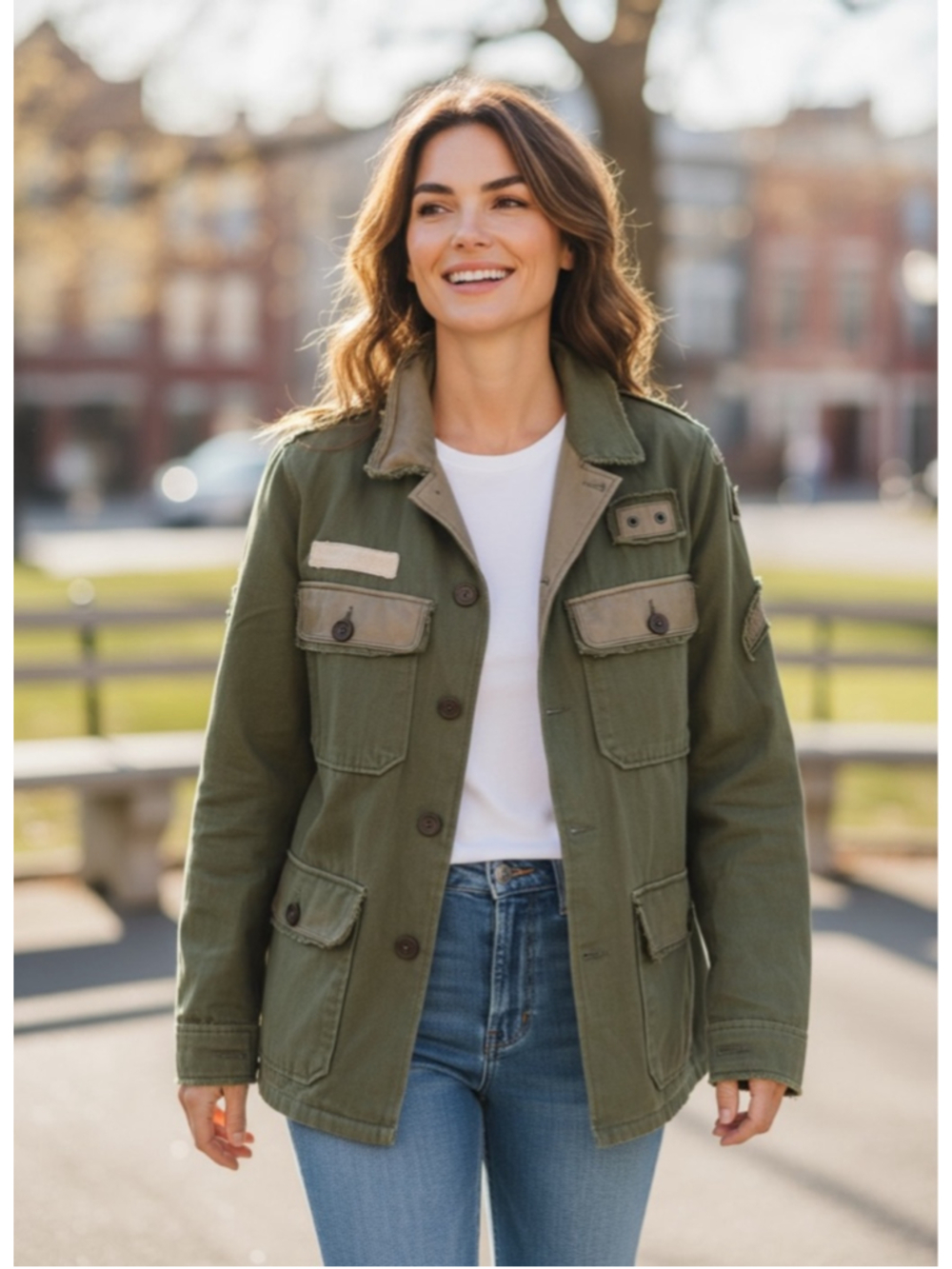 EUC Women's Jkt NYC Olive Green Utility Jacket with Beige Accents S